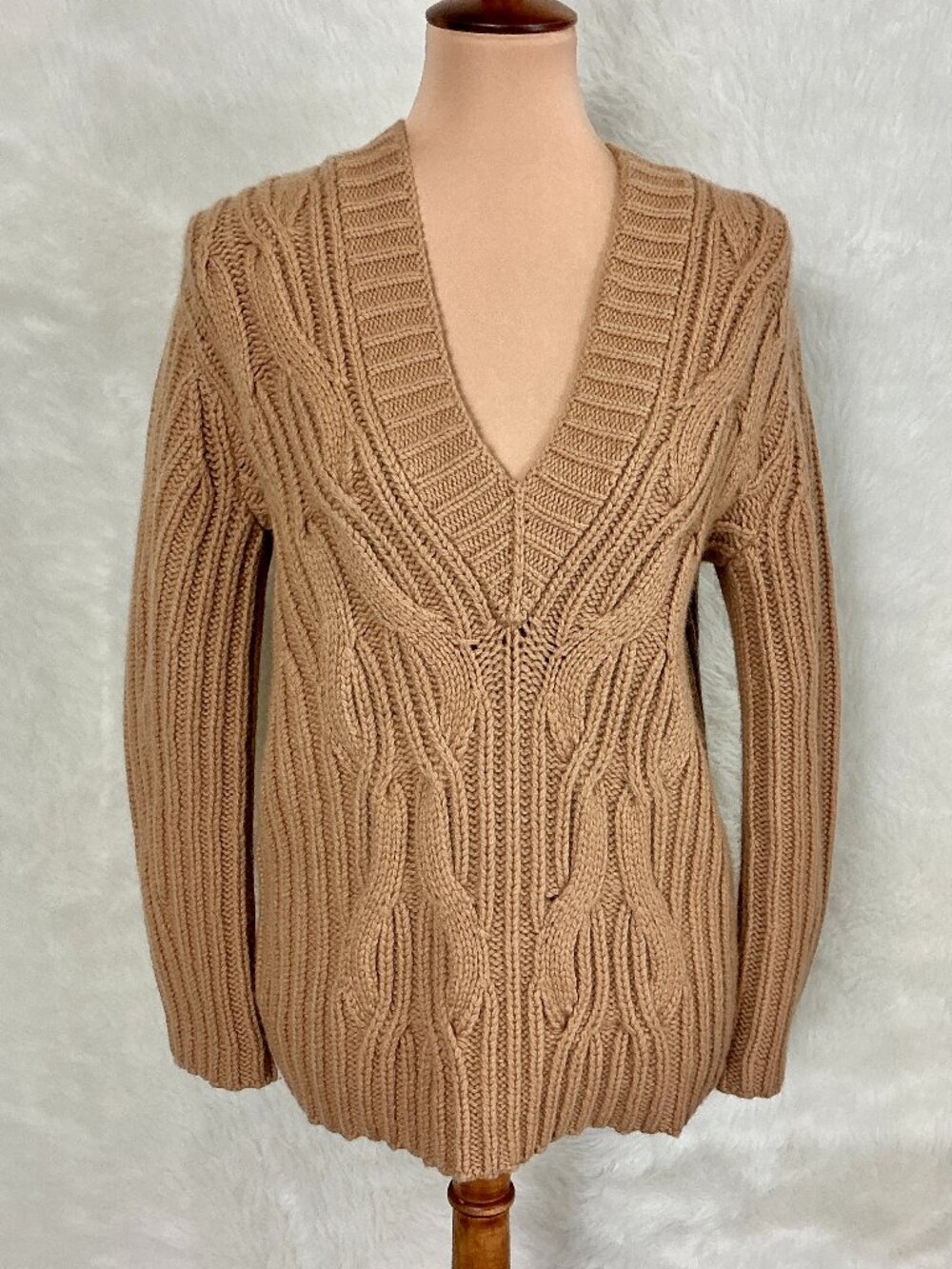 Vince Tan Brown Cable Knit V-Neck Wool Cashmere Sweater XS